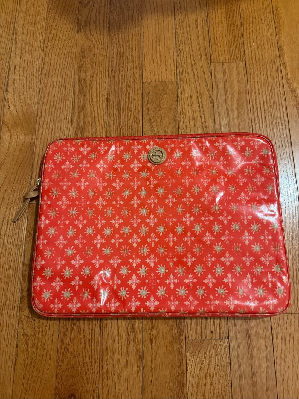 Tory Burch Red Printed Coated Canvas Zip Tablet Laptop Sleeve Pouch